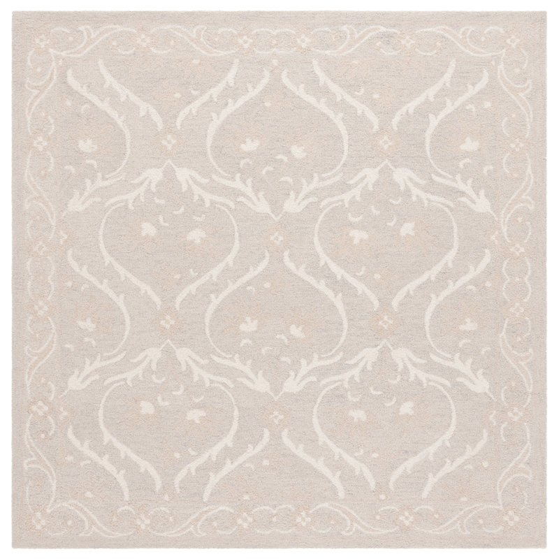 Anneriet Tufted Wool/Cotton Damask Rug in Silver/Ivory, Square 6'