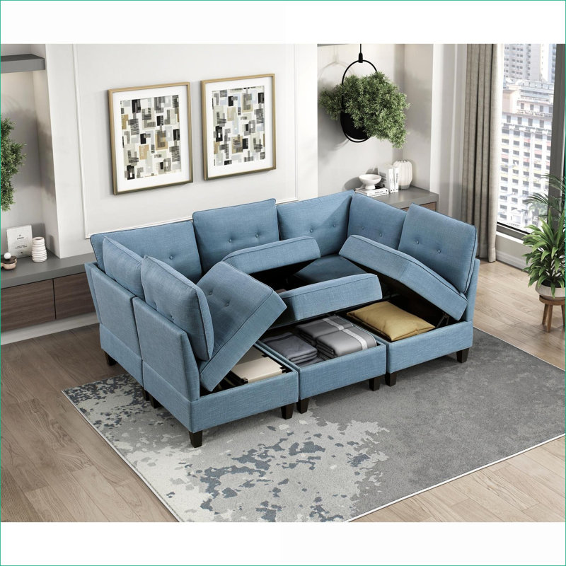 Siège de coin modulaire moderne capitonné, bleu, structure en bois massif, rangement caché pour le salon, 1 pièce