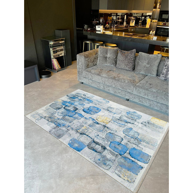 Tapis décoratif moderne à motif abstrait bleu et gris de la collection Barcelona