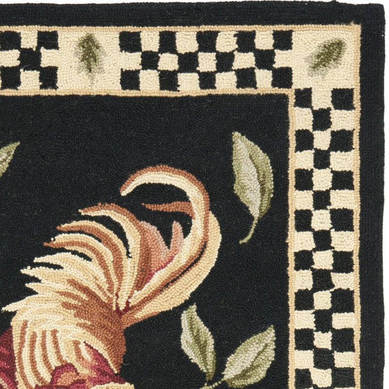 Vintage Poster  Hand-Hooked Wool Black/Beige Area Rug, Rectangle 1'8" x 2'6"