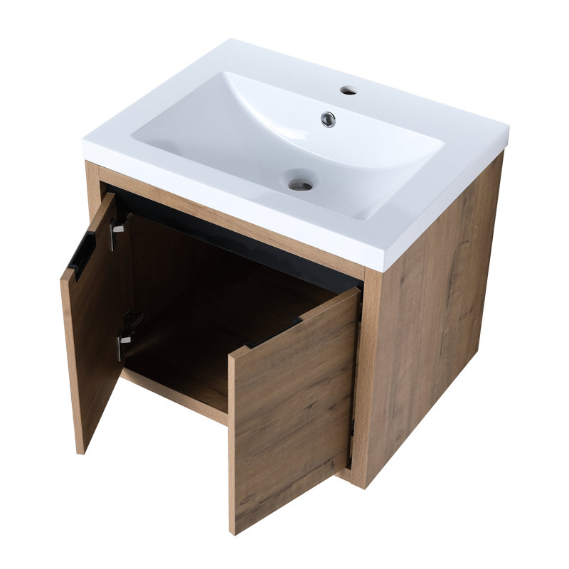 24 Inch Wall Mounted Bathroom Sink Cabinet - Soft Closing Hinge Imitative Oak Design Basin Easy To Clean, Natural