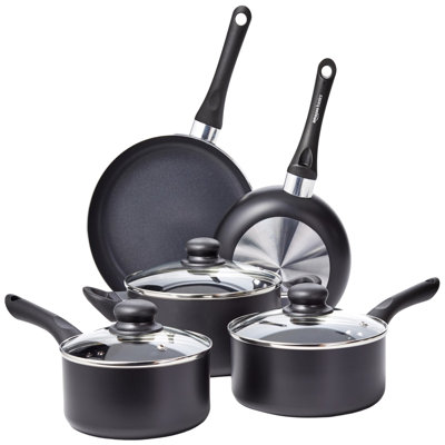 Batterie de cuisine antiadhésive 8 pièces, aluminium, noir, sans BPA, chauffage uniforme, poignées souples