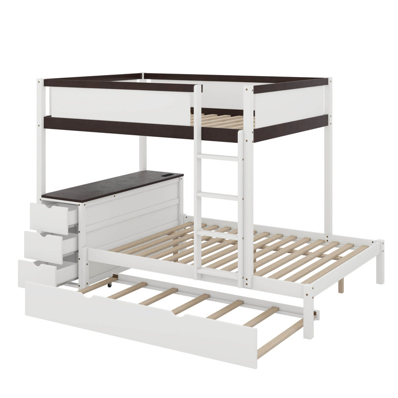 Lit superposé avec lit gigogne et bureau, Lit superposé double sur double, Blanc/noyer