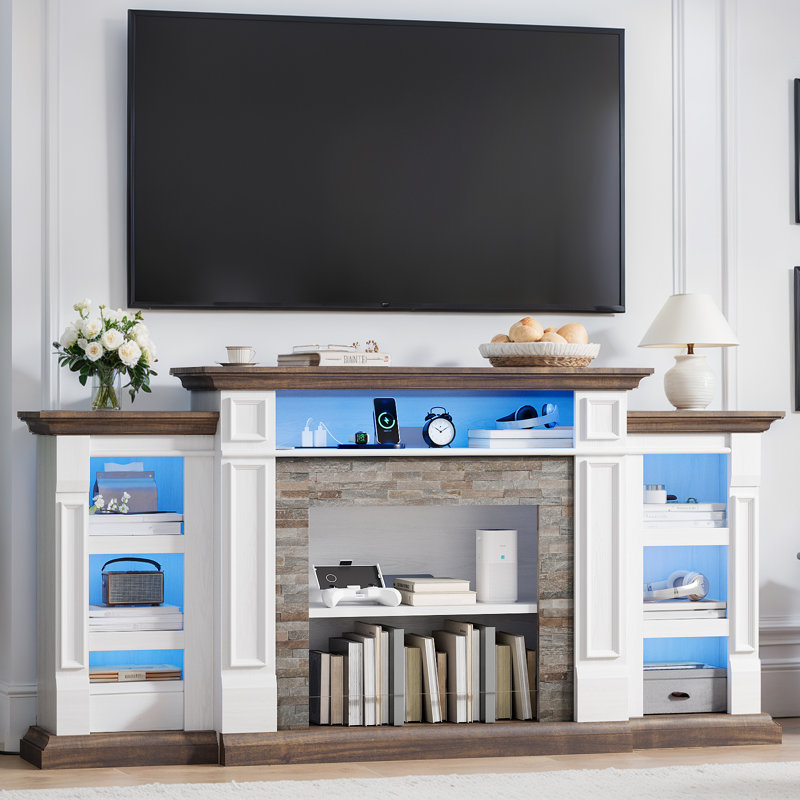 Yazlen 72'' W Media Console with Outlet, LED TV Stand for 80 Inch TV, Entertainment Centre For Living Room， White Brown  