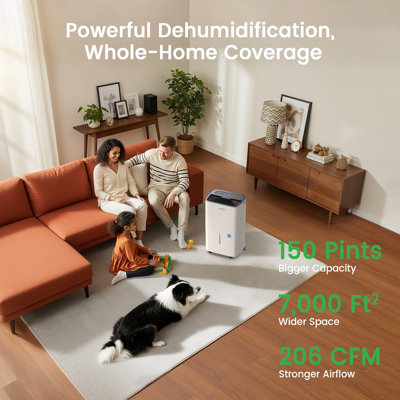 150 Pint Energy Star Dehumidifier for Up to 7,000 Sq. Ft, Smart Humidity Control, Quiet Operation & Flexible Drainage Options