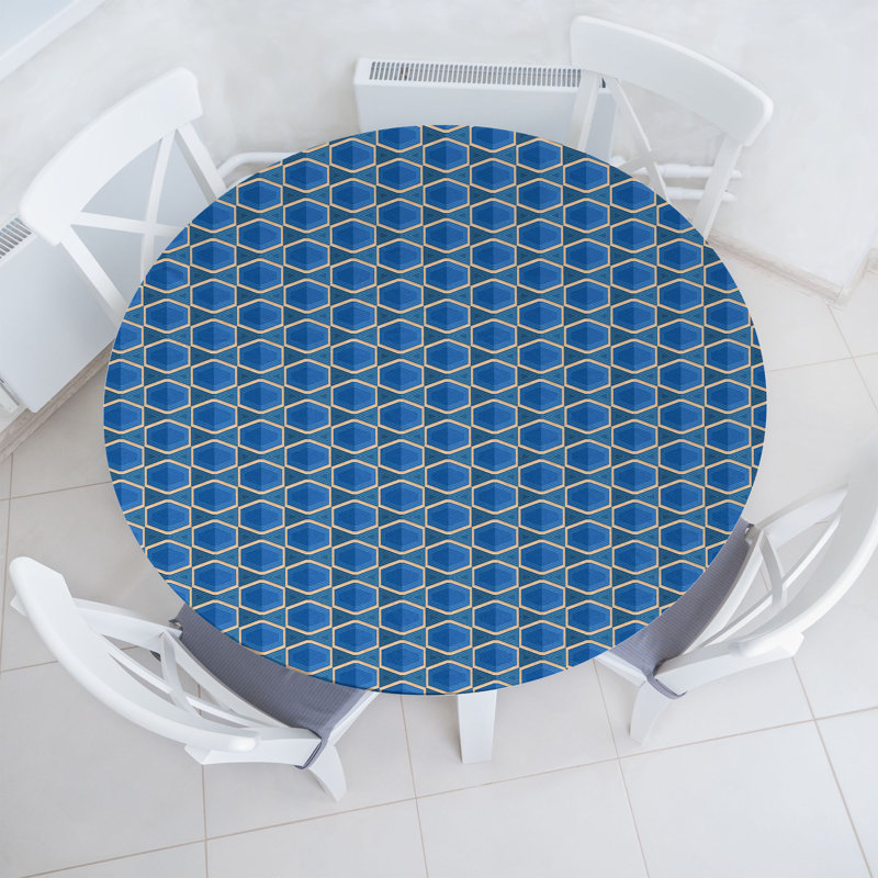 East Urban Home Retro Fitted Round Tablecloth Beige and Blue, 51.97" Round
