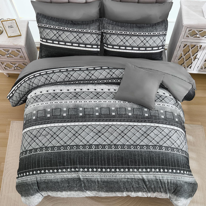 8-Piece Striped Comforter Set, All Season Boho Microfiber Bed in a Bag with Sheets, Black/Gray Geometric