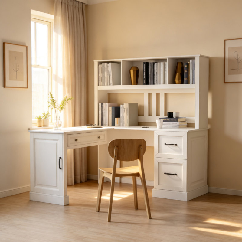 Bureau d'ordinateur à domicile avec huche, Blanc