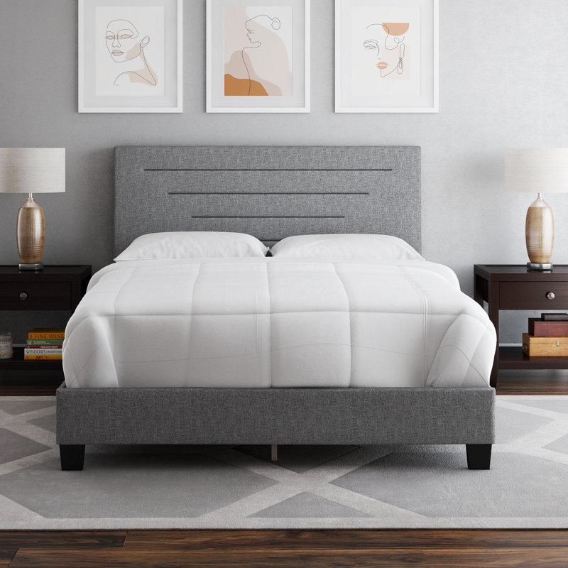 Gray Linen Upholstered Queen Platform Bed with Headboard