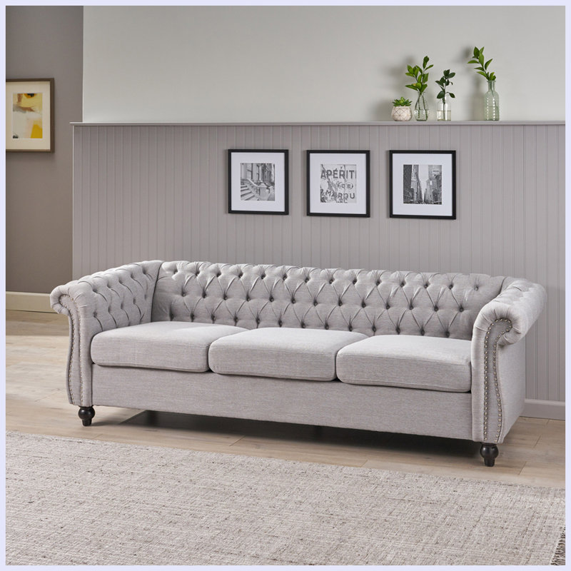 Canapé de style Chesterfield Dierdre 84,75 avec capitonnage à boutons, Tissu gris