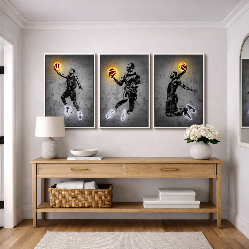 «White and Yellow Neon Effect» - Joueur de basket-ball Slam Dunk, H 24 po x l 48 po, Cadre flottant blanc