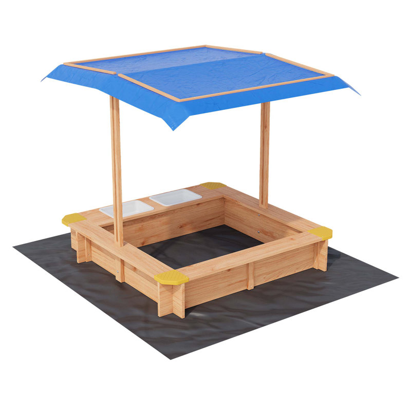 39" x 39" Wooden Kids Sandbox with Retractable UV Canopy & Lid Cover – Outdoor Sand Pit with 2 Side Buckets, Bottom Liner & Drainage – Anti-Collision – Solid Wood
