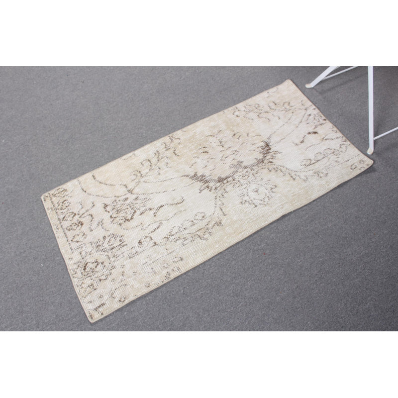 Vintage Turkish Door Mat in Beige with Ornate Floral Design for Bohemian Home Decor