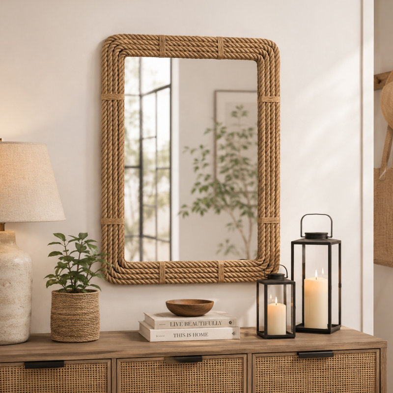 Miroir mural en corde de jute brun fait à la main