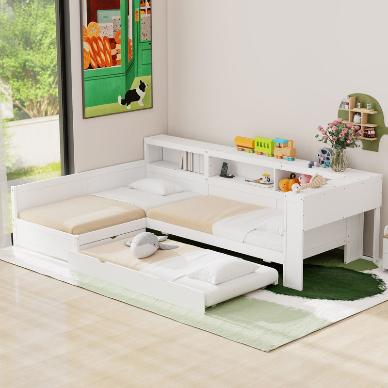 White Twin Size L-Shaped Wood Platform Bed with Trundle and Storage Drawer – Space-Saving Kids Bed