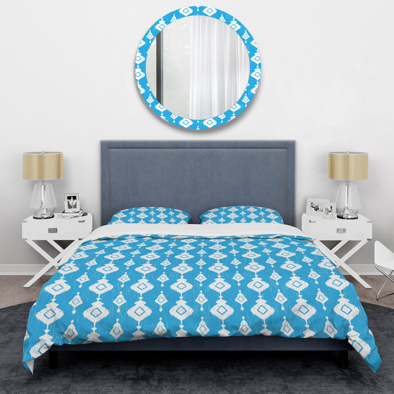 Ensemble de housse de couette à motif ikat bleu et blanc, Housse de couette simple + 1 taie décorative stan