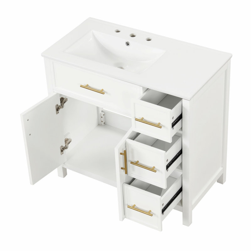 Meuble-lavabo avec comptoir d'évier, armoire de salle de bain avec deux portes et trois tiroirs, Blanc