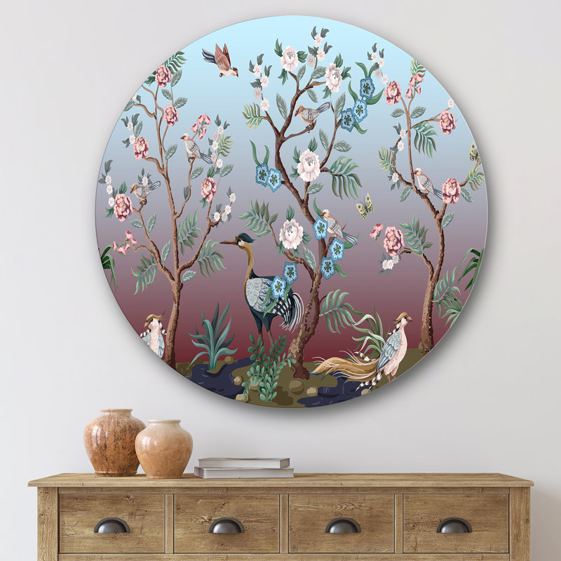 Chinoiserie avec oiseaux et pivoines, H 36 po x l 36 po x P 1 po
