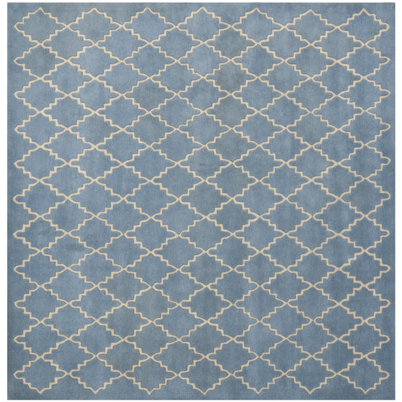 Tapis bleu / crème en laine touffeté à la main Carolene, Carré 9 pi