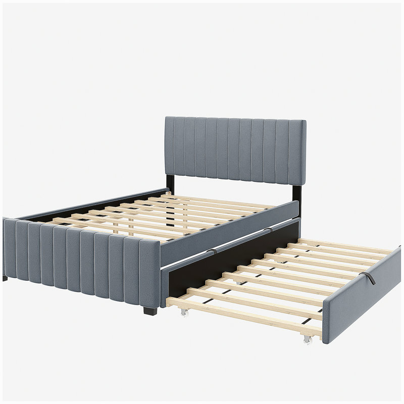 Lit plateforme double en velours avec plateau de rangement simple, Gris