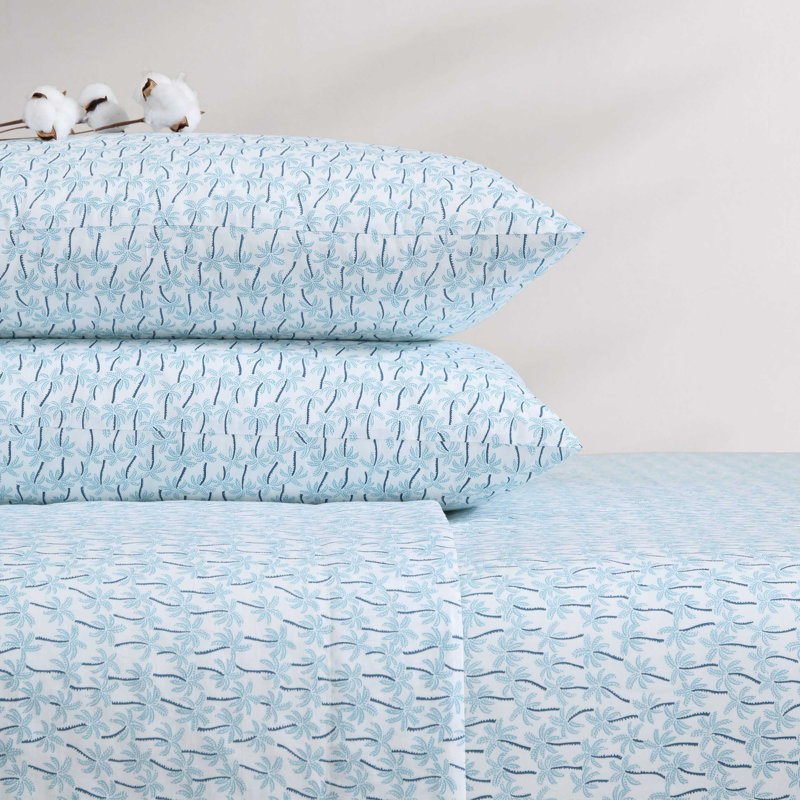 King Blue Cotton Percale Palm Print Sheet Set