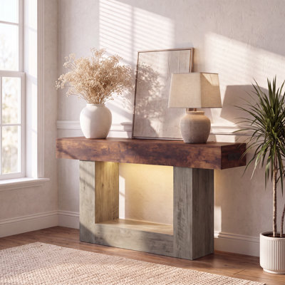 Console de style champêtre avec station de recharge (prises électriques) et éclairage DEL, tablette de rangement à 2 niveaux