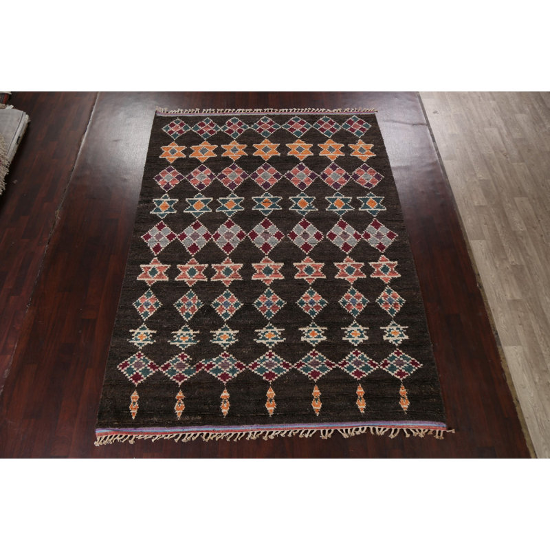 Tapis multicolore en laine noué à la main de conception unique 4 pi 11 po x 8 pi 7 po