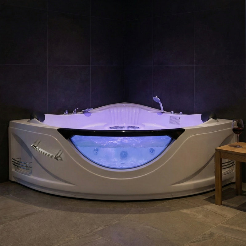Baignoire de massage en coin de 59 po avec chromothérapie à DEL, 6 jets d'eau à haute puissance, commandes pneumatiques, pompe certifiée UL de 1,0 ch, panneau latéral en verre trempé bleu