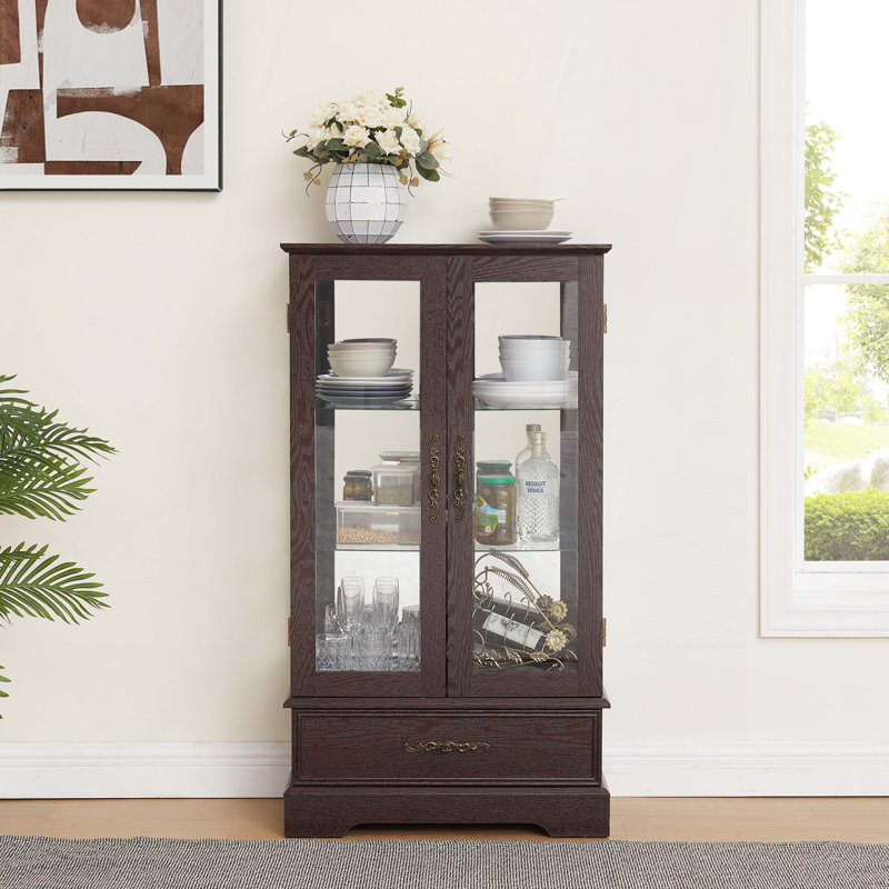 Vitrine avec tablettes réglables en verre, 2 portes et 1 tiroir, Cerisier