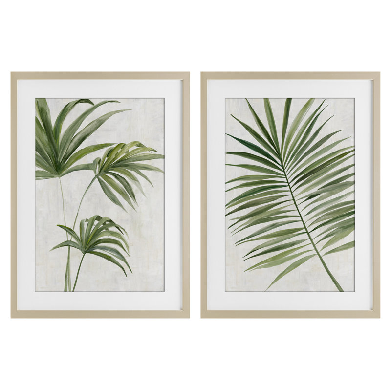 Ensemble de 2 reproductions encadrées sous verre Breezy Tropical Palms, par Hannah Dawson, Cadre de récolte en pin