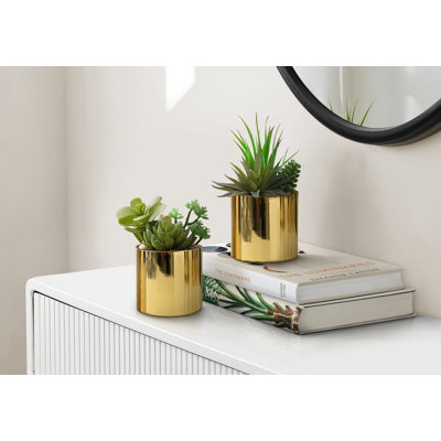 Artificial Plant, 7" Tall, Succulent, Indoor, Faux, Fake, Table, Greenery, Potted, Set Of 2, Decorative, Green Plants, Pots