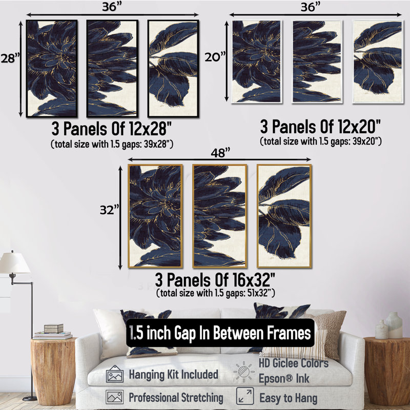 Indigo or fleur métallique - 3 pièces, peinture sur toile, H 28 po x l 36 po, Noir