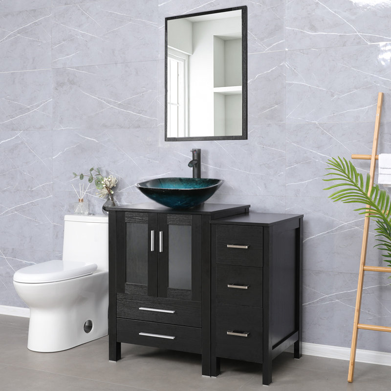 Cammille 36" Single Bathroom Vanity Set with Vessel Sink, Manufactured Wood Top, Faucet, Drain, Black, Dark Espresso