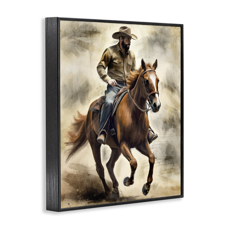 Cheval galop et cowboy, estampe numérique, design par Kim Allen, H 20 po x l 16 po, Giclée noire de minuit encadrée