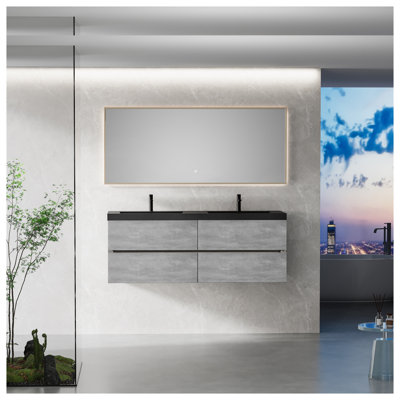 Meuble-lavabo mural de 60 po avec double lavabo en quartz noir sable, armoire en bois d'ingénierie gris ciment avec 4 tiroirs à fermeture en douceur