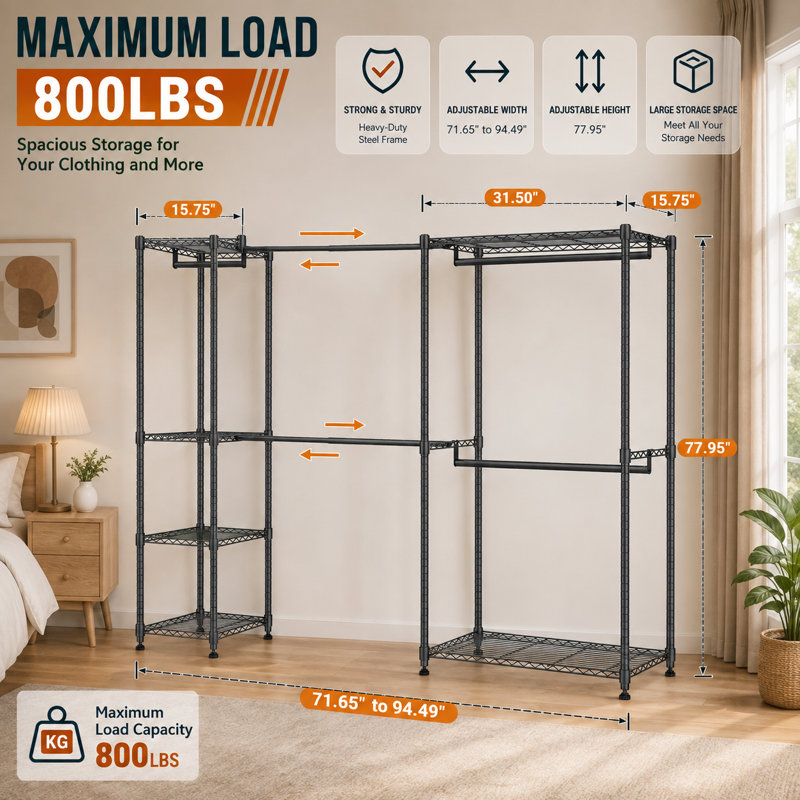 Organisateur de garde-robe autoportant extensible robuste avec 5 tringles de suspension et 6 tablettes réglables - Capacité de 800 lb - Assemblage sans outil