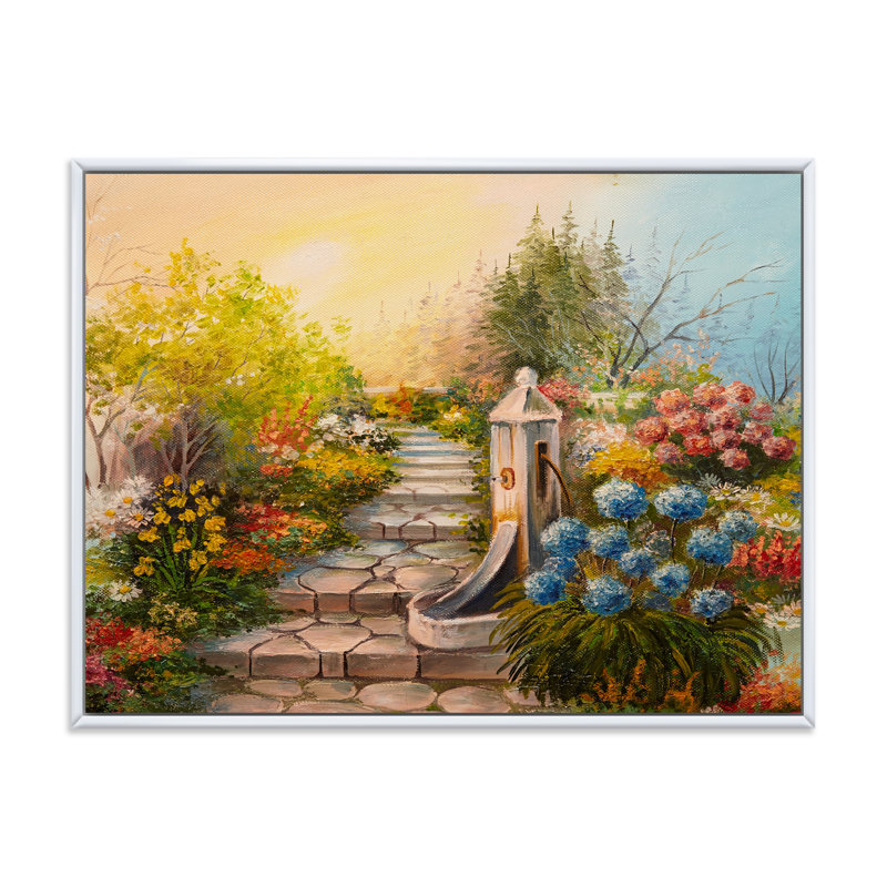 Escaliers de pierre dans la forêt fleurie - Peinture sur toile, H 16 po x l 32 po x p 1 po, Cadre flottant blanc