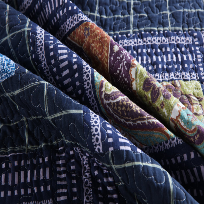 100% Cotton Floral Pattern Reversible Patchwork Quilt Set, Queen Comforter  + 2 Standard Shams, Navy Blue