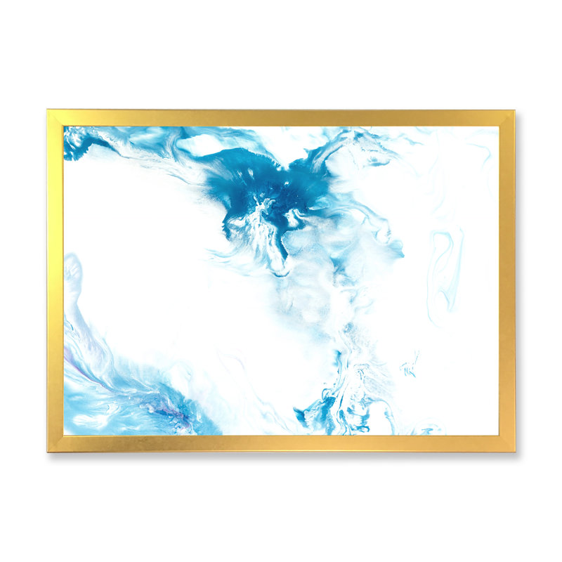 Vague bleue liquide sur blanc I - Peinture sur toile, H 24 po x l 32 po, Cadre doré à coins fermés