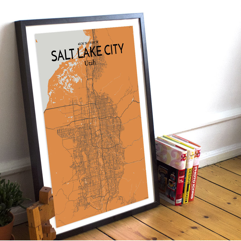 « Salt Lake City Map », impression d’art graphique orange, H 17 po x l 11 po x P 0,05 po