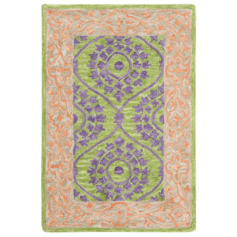 Tapis en laine / coton crocheté à la main Guzi - violet / vert, Rectangle 2 pi x 3 pi