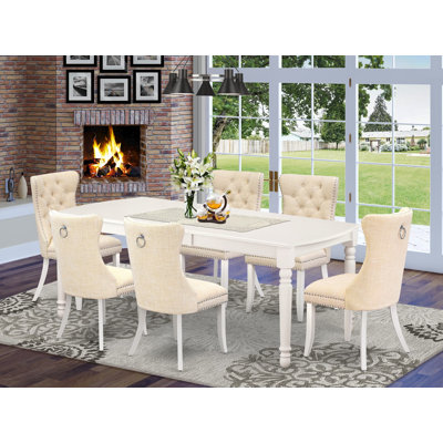 7 Piece Dining Set Includes a Rectangle Kitchen Table with Butterfly Leaf and 6 Polyester Fabric Upholstered Chairs, 42x78 Inch, linen white