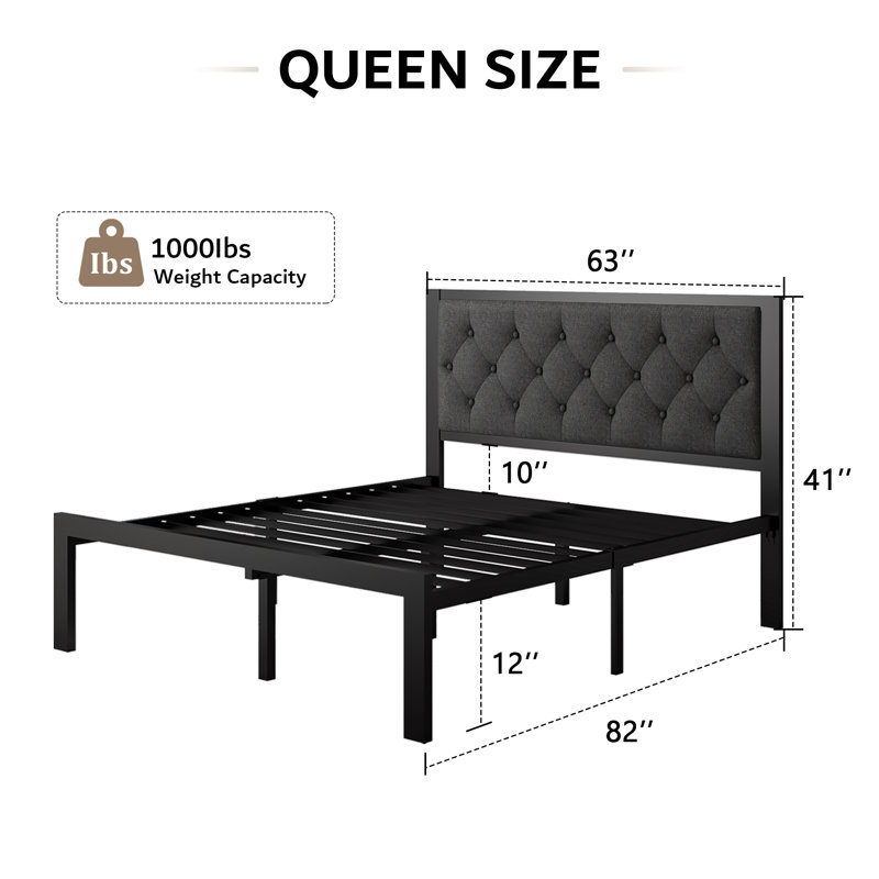  Queen Bed Frame With Linen Soft Padded Tufted Headboard, Heavy-duty Metal Slat Supported Platform Bed, 12"space Storage Under The Bed, Easy To Assemble, Dark Grey