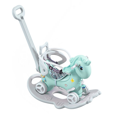 Rocking Horse For Toddlers, Balance Bike Ride On Toys With Push Handle, Backrest And Balance Board For Baby , Unicorn Kids  Blue Color