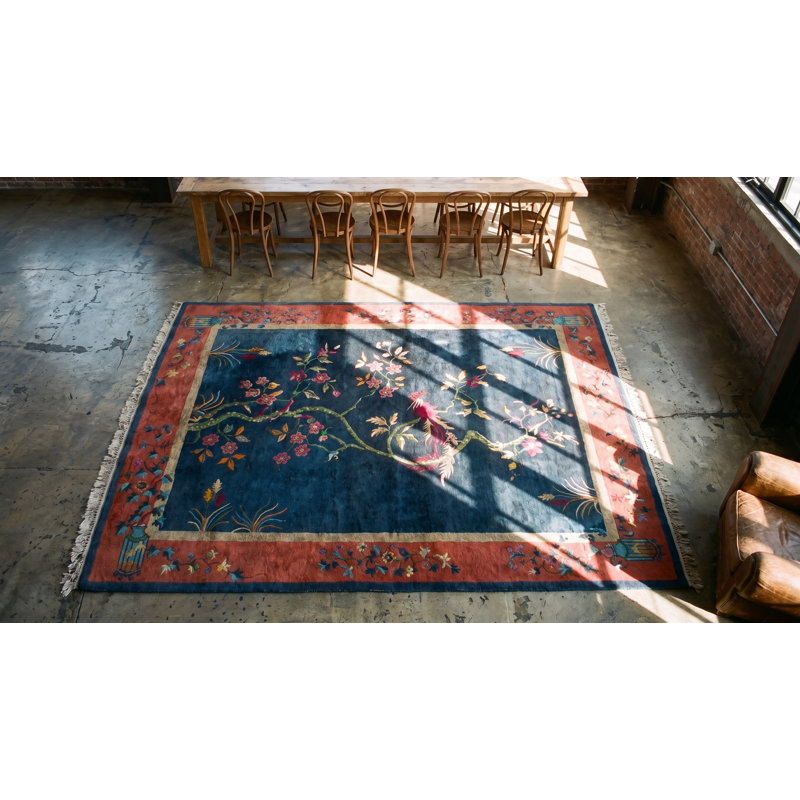 Antique Floral Wool Hand Knotted Pile Blue 1920s Rug