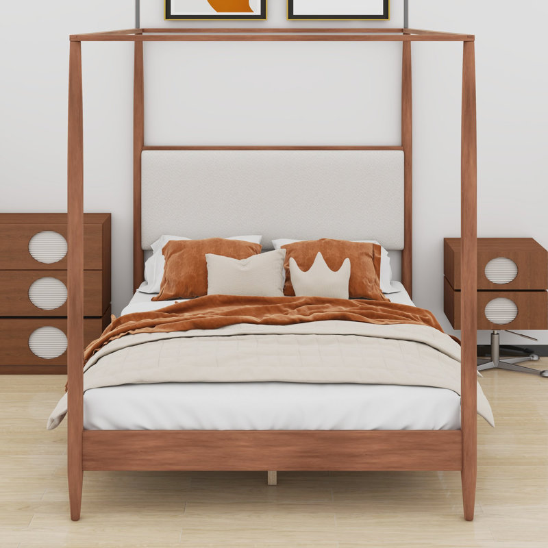 Structure de lit à baldaquin avec tête de lit moelleuse et pieds fuselés pour un style moderne Mid-Century, Grand lit, Noyer