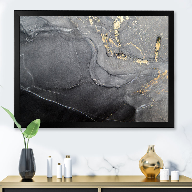 Gloden - Marbre noir et gris, ondulations V - œuvre d'art moderne sur toile, Impression noire sur toile encadrée