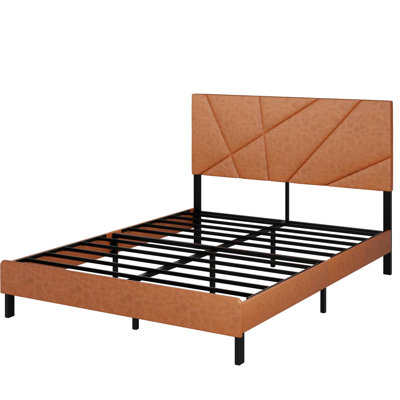 Structure de lit double, brun antique, rembourré avec tête de lit, plateforme carrée, rangement sous le lit, sans sommier, assemblage facile, conception moderne pour le métal de la chambre à coucher, assemblage