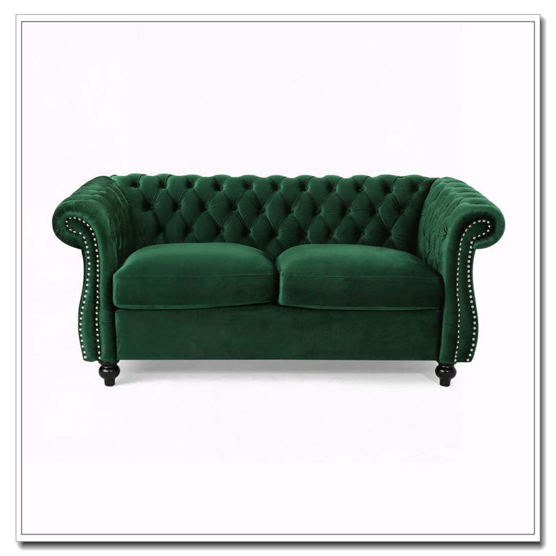 Causeuse Chesterfield avec capitonnage profond et détails cloutés, Velours émeraude