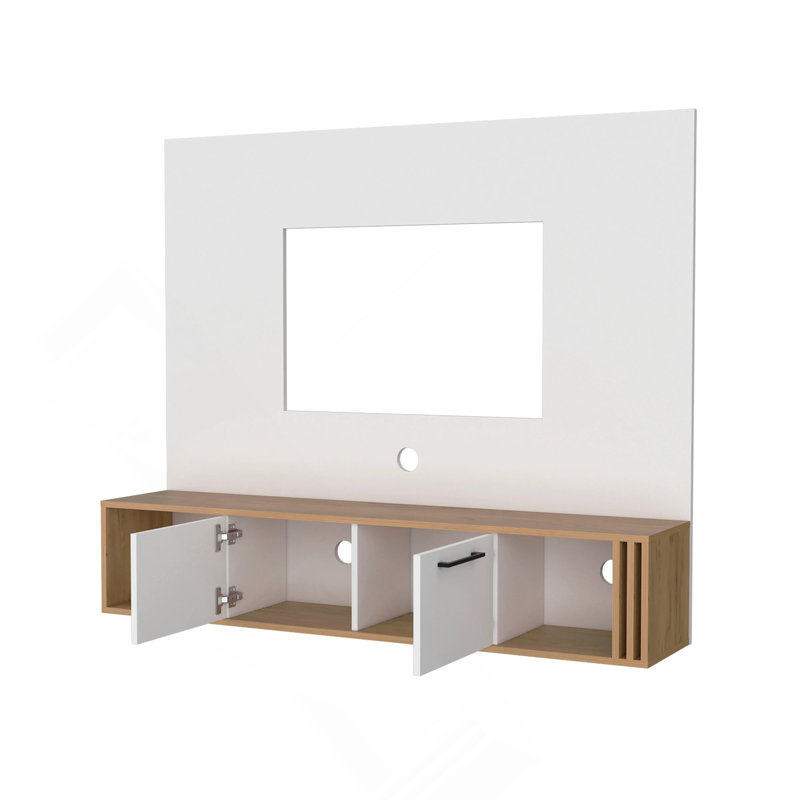 Meuble audio-vidéo en chêne blanc et naturel avec rangement et gestion des câbles, parfait pour les intérieurs modernes et rustiques.